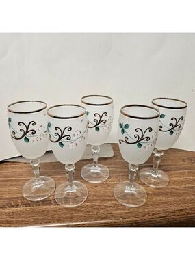 Vintage Bohemian Frosted Handpainted Uranium Flute Glasses (Set of 5)